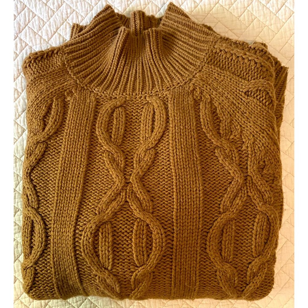LLBean Women's Heavyweight Cableknit Mockneck Sweater, Size SMALL, Toffee Brown